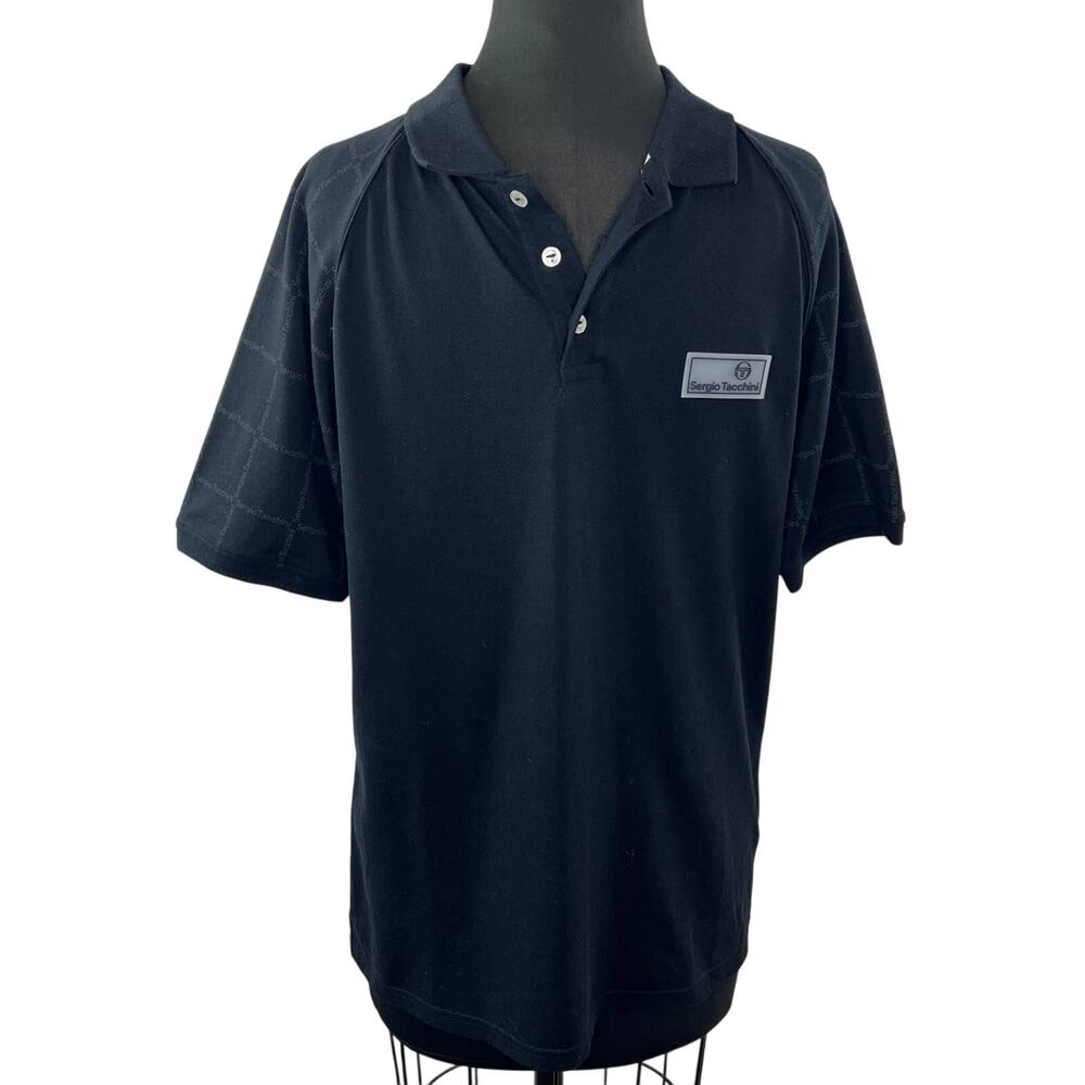 NWT Sergio Tacchini Leone Short Sleeve Polo Shirt in Black Spell Out Sleeves M